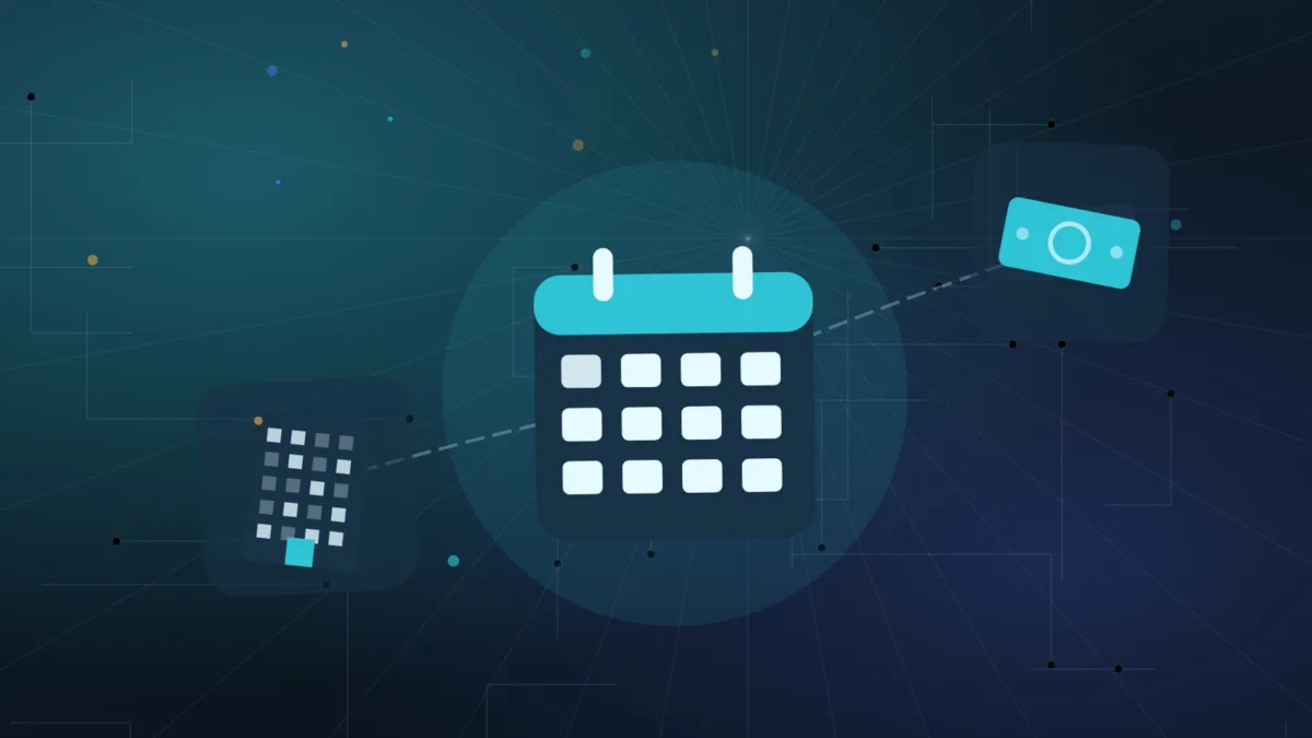 Calendrier, tour de bureaux et billets de banque en illustration à plat