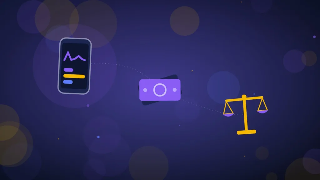 Smartphone, billets de banque et balance de la justice en illustration abstraite