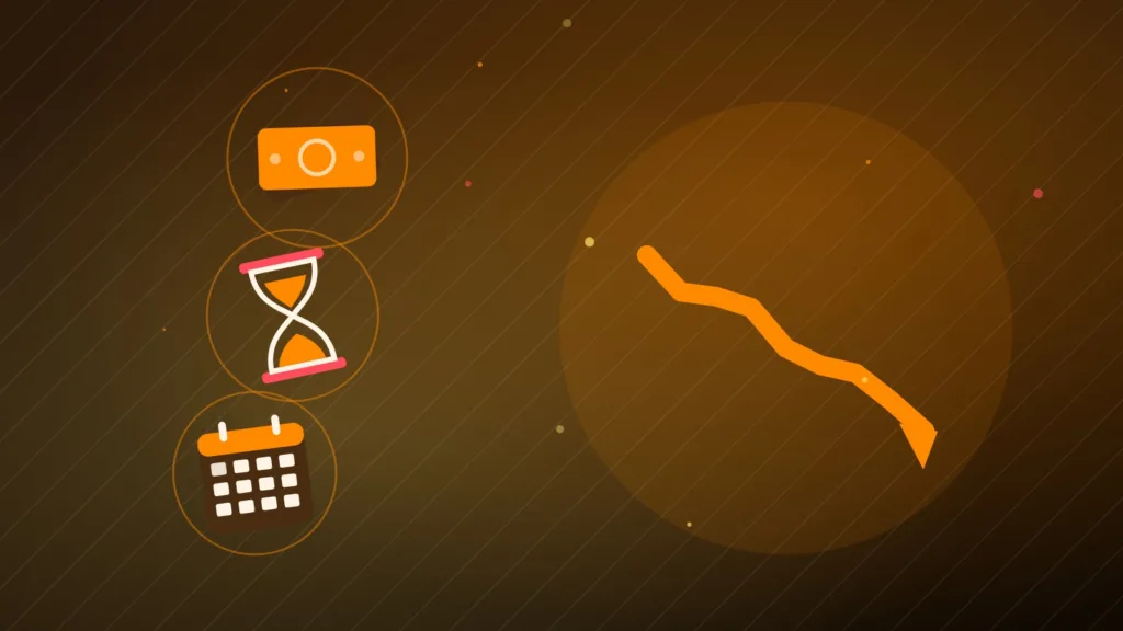 Linea astratta in discesa con banconote, una clessidra e la pagina di un calendario