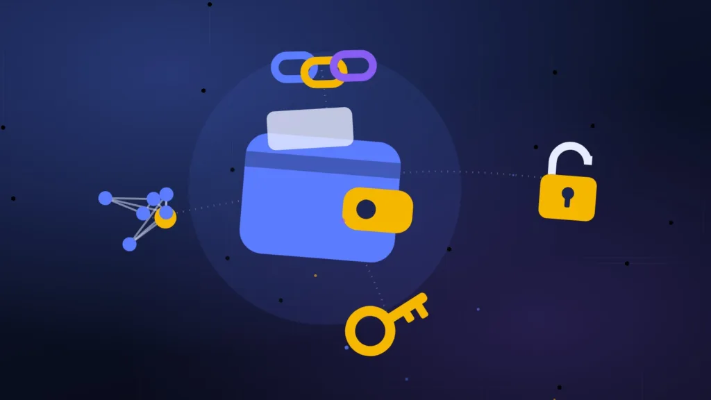 Abstract wallet holding a key, linked by a chain to a network of nodes