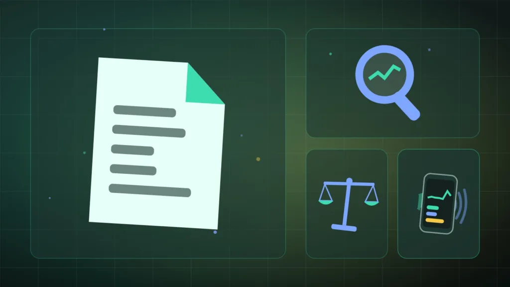 Abstract document under a magnifying glass beside scales, a megaphone and a phone