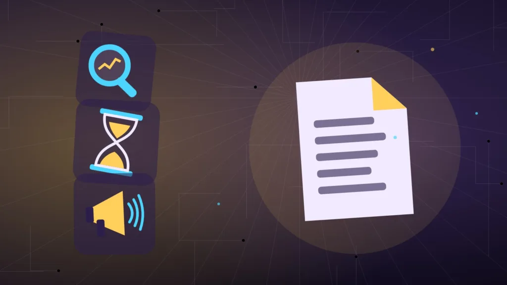 Abstract document under a magnifying glass beside an hourglass and a megaphone
