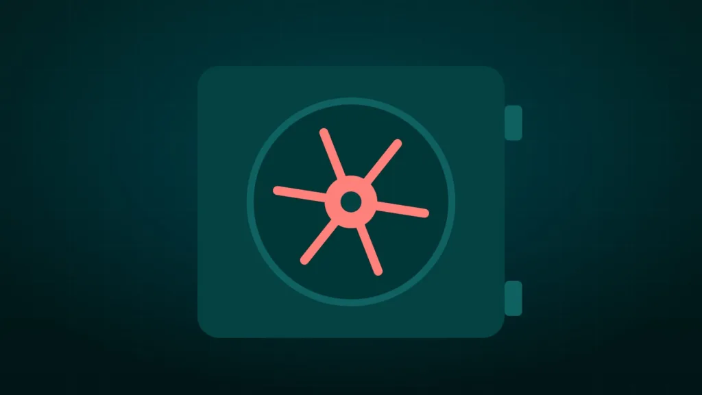 Poignée corail sur une porte de coffre-fort turquoise fermée, devant une grille sombre