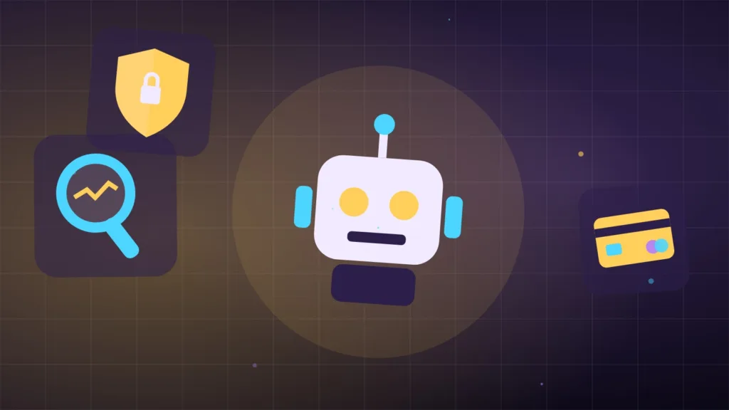 Illustration d'un robot sous une loupe avec une carte de paiement et un bouclier