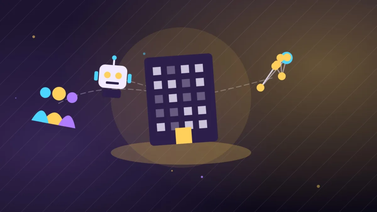 Illustration d'une tour de bureaux, d'un robot et de nœuds reliés avec un groupe de personnes