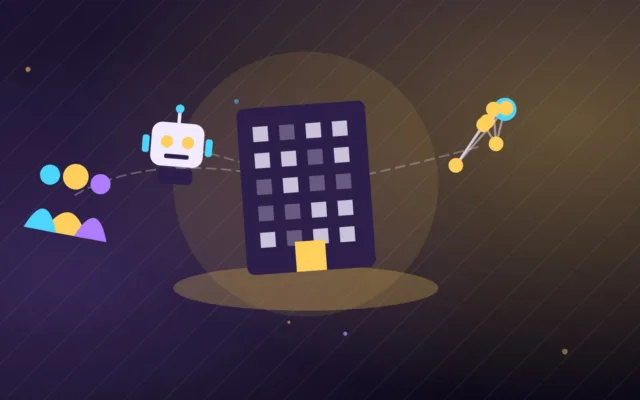 Illustrazione di una torre di uffici, un robot e nodi collegati con un gruppo di persone