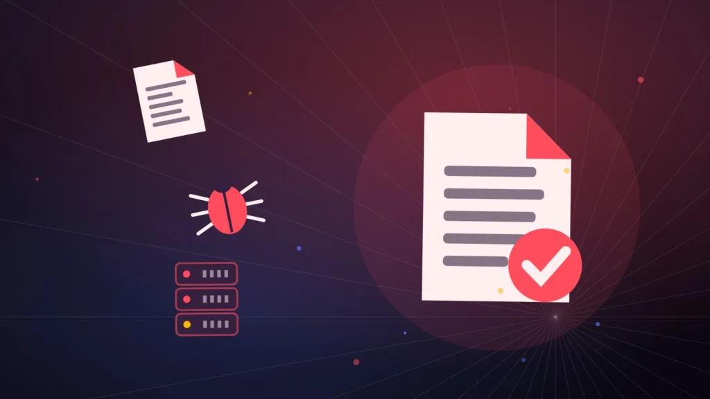 Illustrazione di un contratto firmato, di un documento, di un bug e di un rack di server