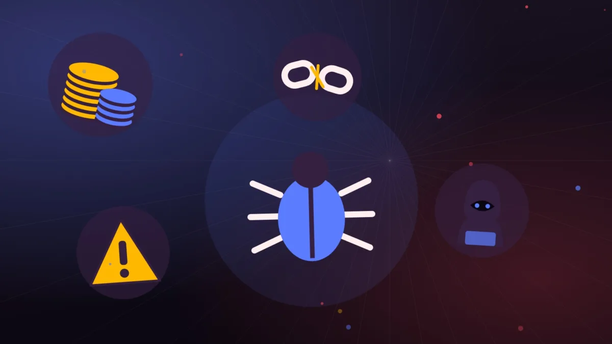 Illustrazione di un bug, di pile di monete, di una figura incappucciata, di una catena spezzata e di un segnale di pericolo