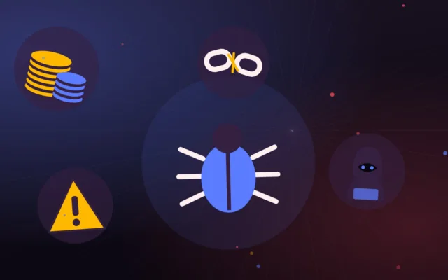 Illustrazione di un bug, di pile di monete, di una figura incappucciata, di una catena spezzata e di un segnale di pericolo