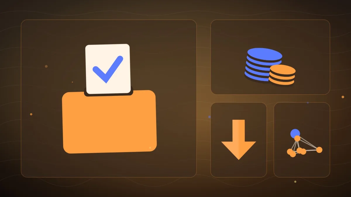Ballot box beside stacked coins, a downward arrow and a web of connected nodes
