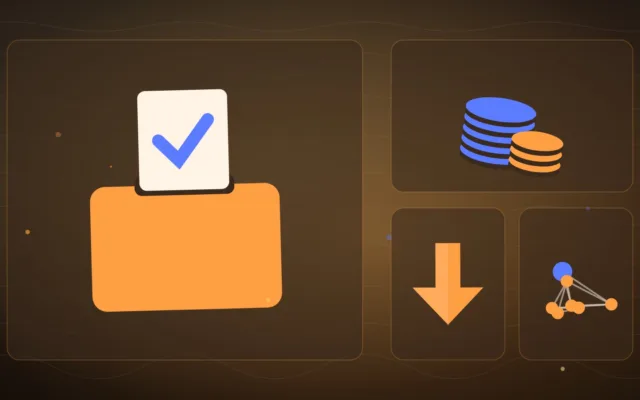 Ballot box beside stacked coins, a downward arrow and a web of connected nodes