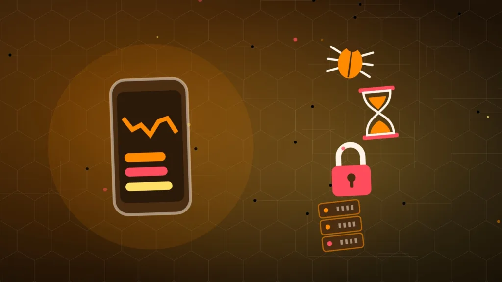 Abstract smartphone beside a server rack, a bug, an hourglass and an open padlock