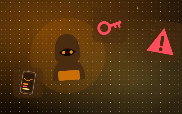 Silhouette encapuchonnée derrière un smartphone, avec un panneau d'alerte et une clé lumineuse