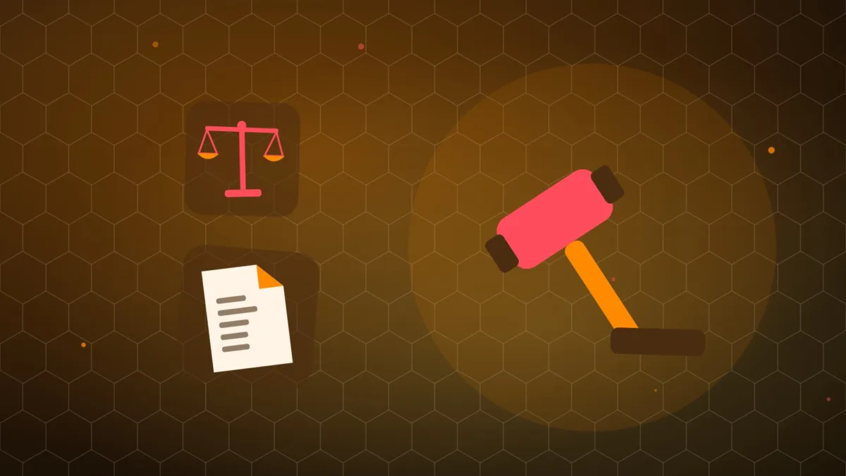 Abstract gavel and scales of justice beside a filed court document on a dark background
