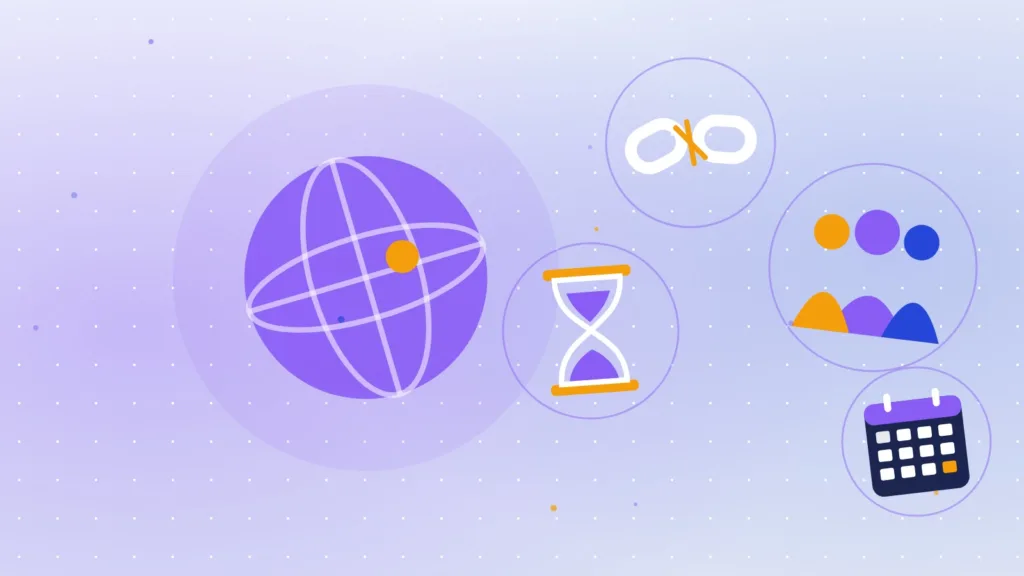Abstract globe beside an hourglass, a broken chain and a group of people