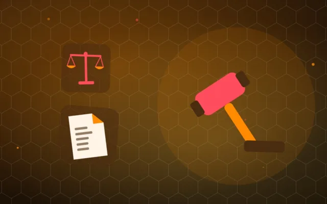 Abstract gavel and scales of justice beside a filed court document on a dark background