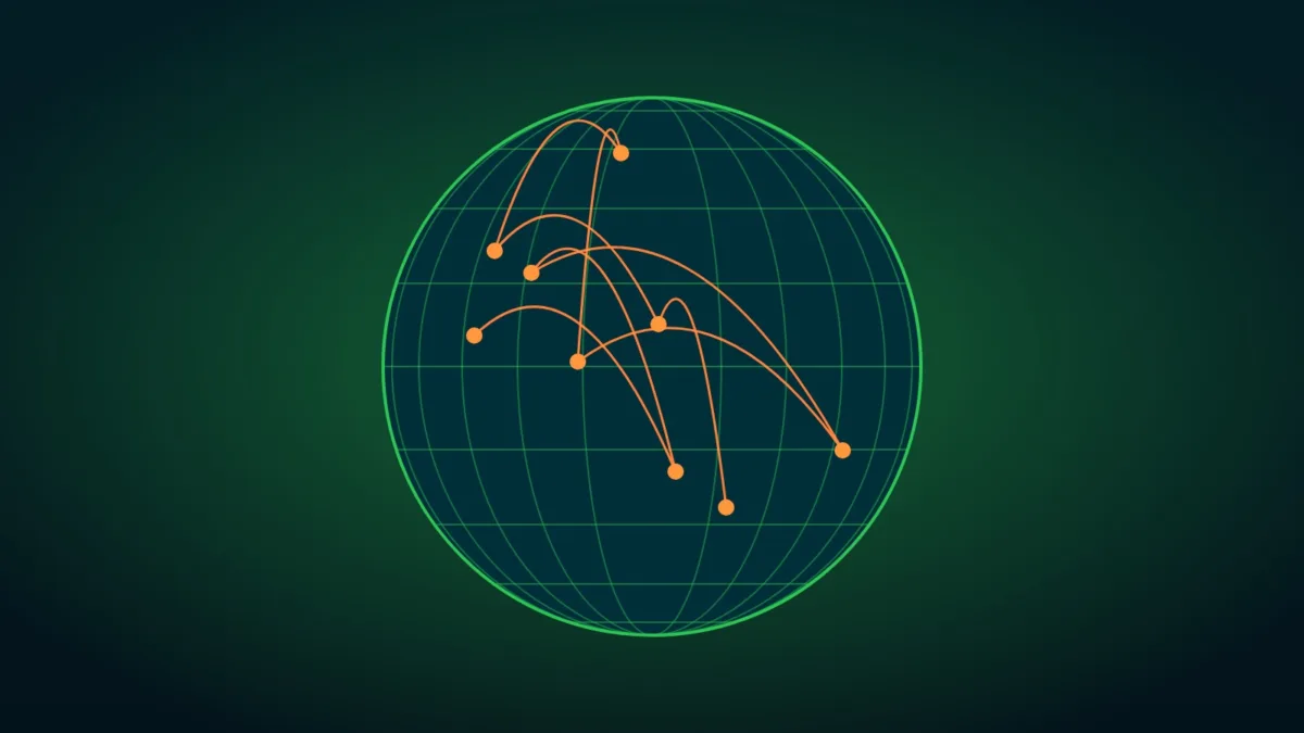 Abstract global network of glowing nodes and connecting lines over a dark background