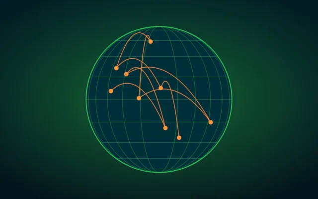 Abstract global network of glowing nodes and connecting lines over a dark background