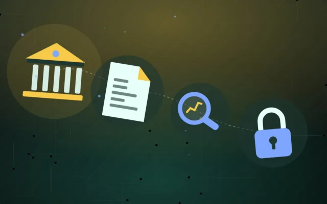Illustration d'un bâtiment de banque, d'un rapport, d'une loupe et d'un cadenas