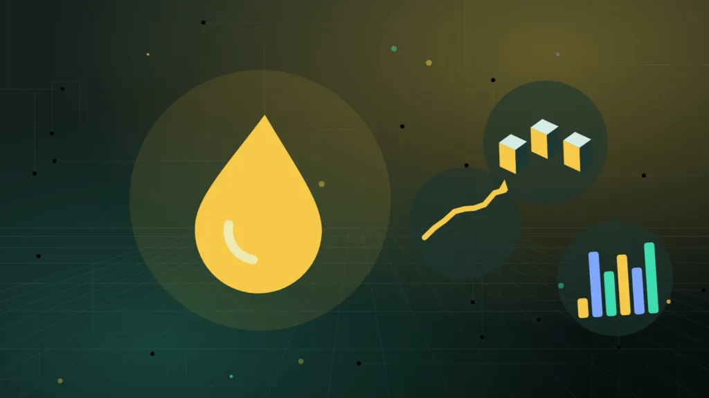 Abstract liquidity drop above bar charts, stacked blocks and a rising line