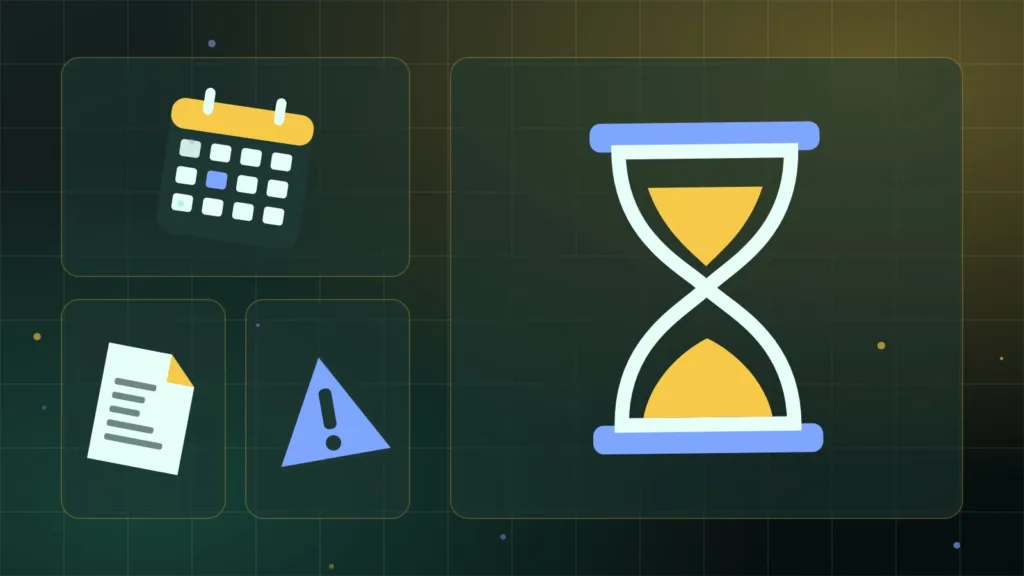 Abstract hourglass beside a calendar, an official document and a warning sign