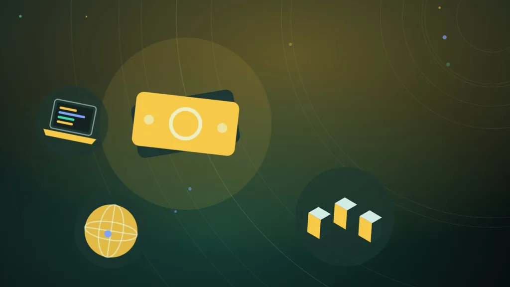 Banknotes beside stacked blocks and a laptop in front of a globe