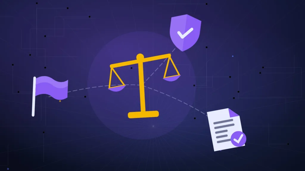Scales of justice next to a signed contract, a plain flag and a shield