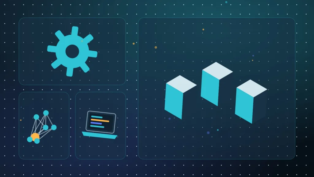 Isometric blocks, a gear and connected nodes arranged around an open laptop