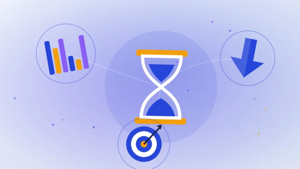 An hourglass, a target, a bar chart and a large downward arrow