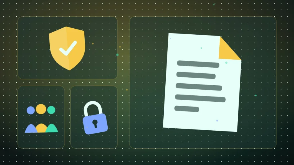 Abstract document beside a shield and padlock, with a small group of people