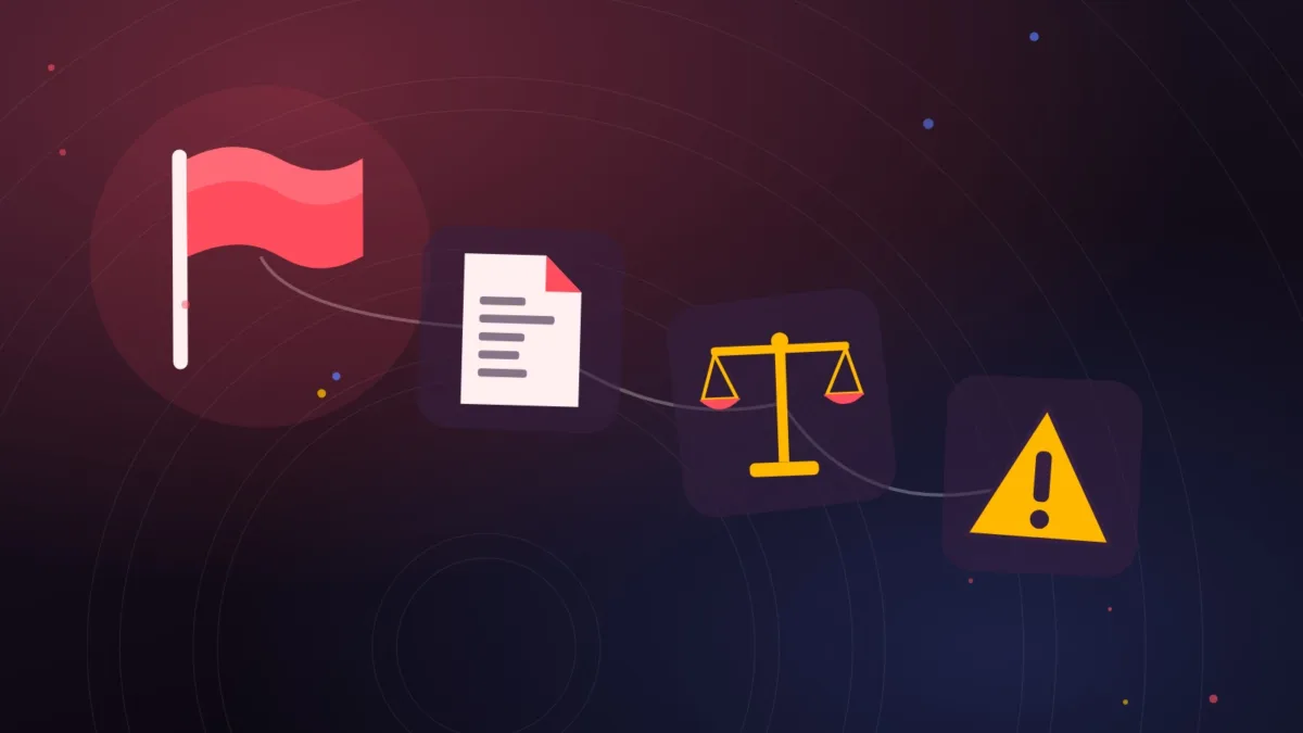 Abstract flag, document and scales of justice beside a warning sign