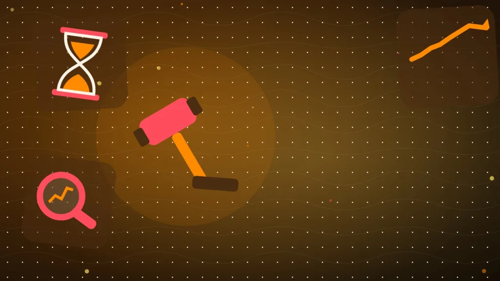 Abstract gavel and magnifying glass over a rising line, with an hourglass nearby