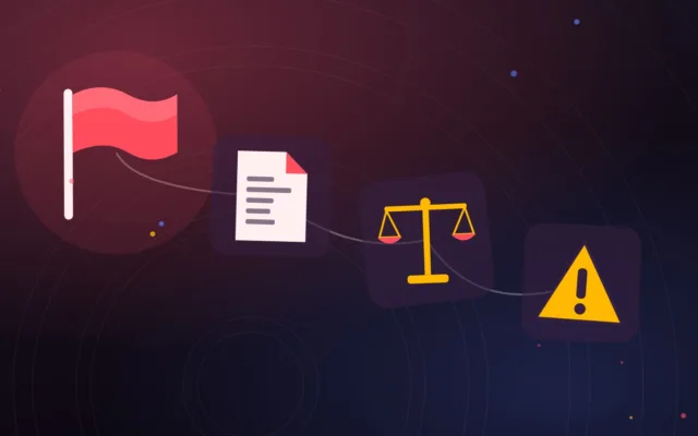 Drapeau, document et balance de la justice stylisés à côté d’un panneau d’avertissement