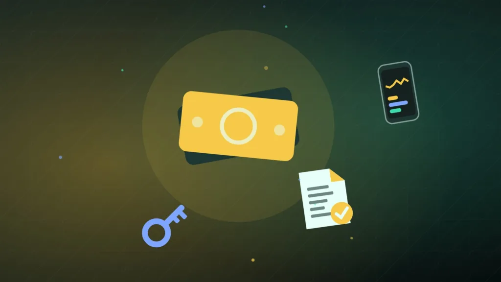 Abstract smartphone beside a banknote, a key and a folded contract on a plain surface
