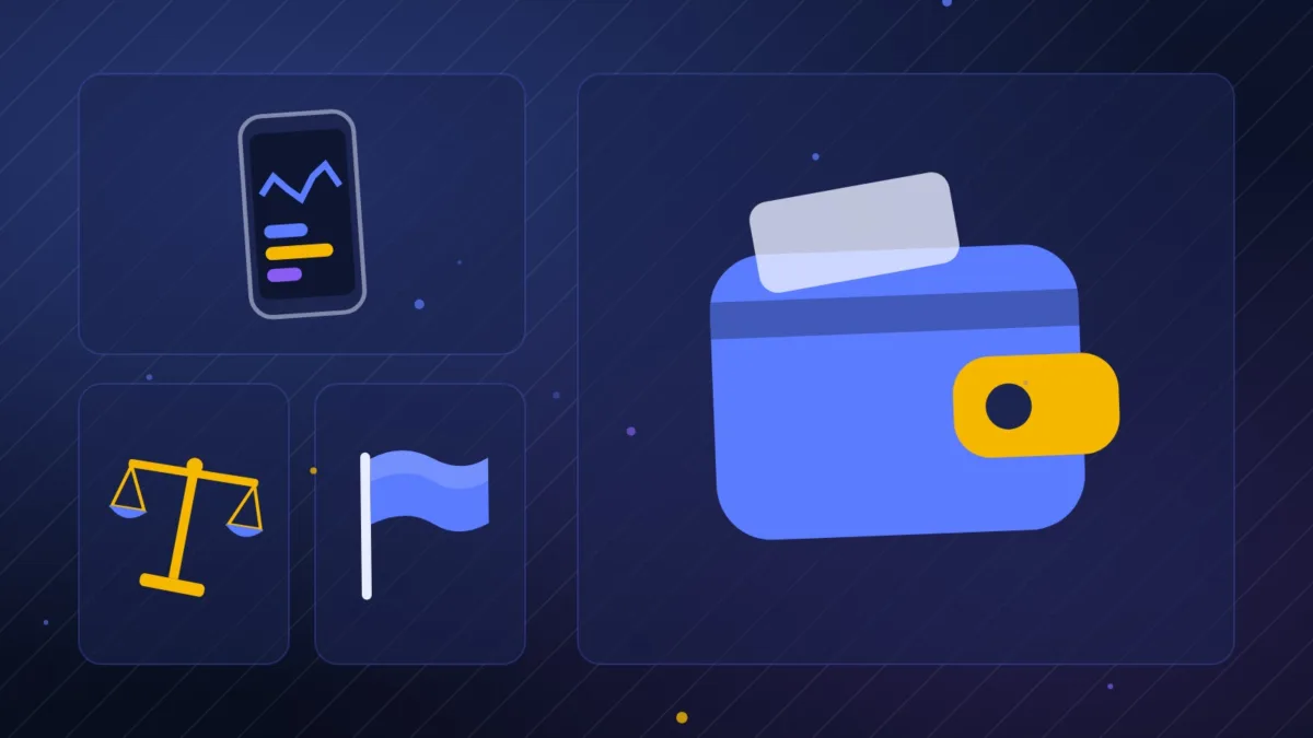 Abstract wallet and smartphone beside a set of scales and a plain flag
