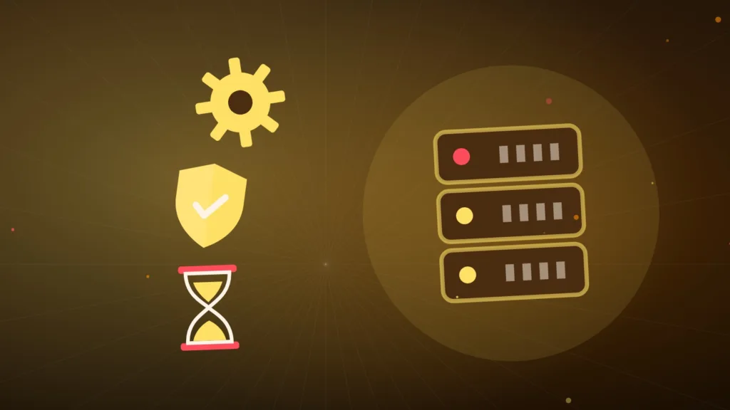 Abstract server rack with a turning gear, a shield and an hourglass
