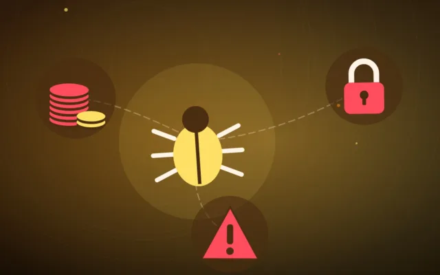 Illustrazione di un bug, pile di monete, un lucchetto e un segnale di pericolo