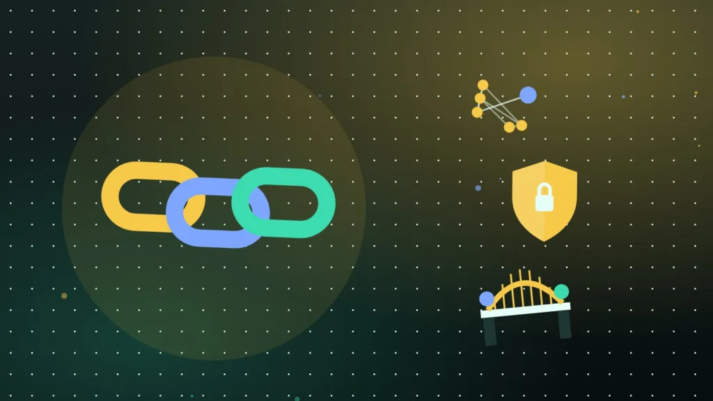 Chain links and connected nodes gathered around a central shield