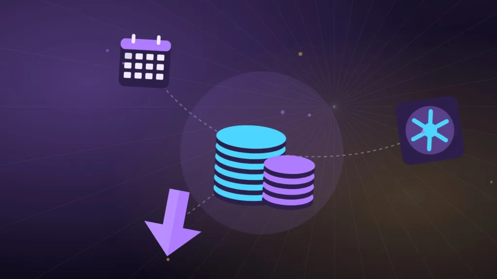 Stacks of coins beside a downward arrow, a calendar and a vault door