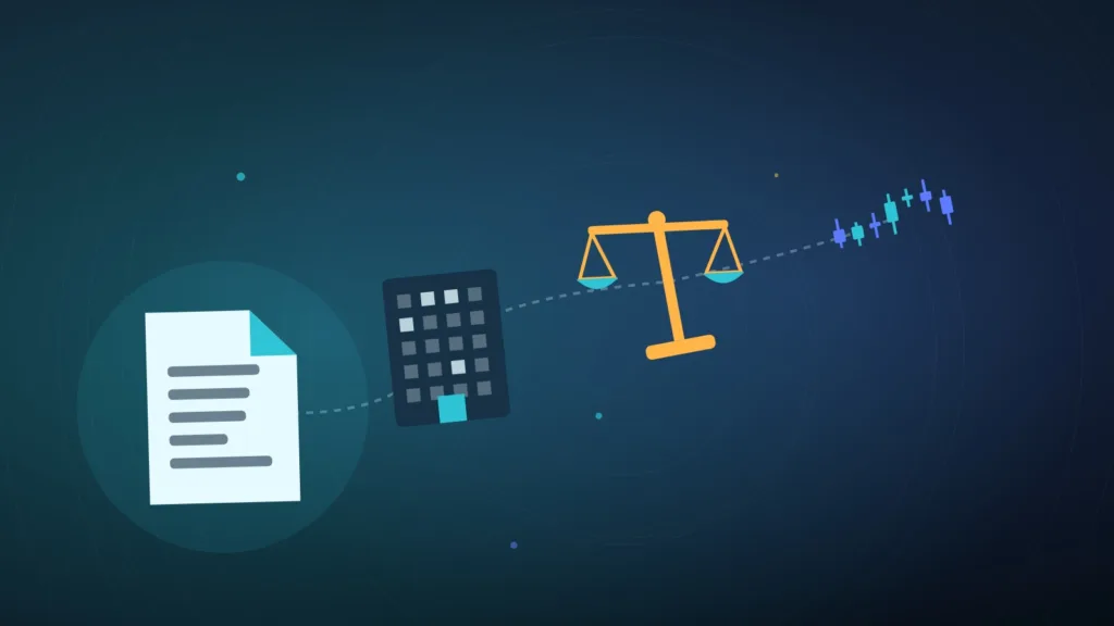 Illustration d'un document juridique, d'une tour de bureaux, d'une balance de justice et de chandeliers