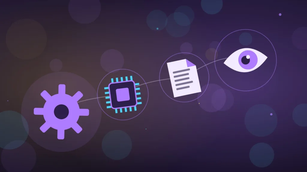 A gear and a chip turning a document, watched by an eye