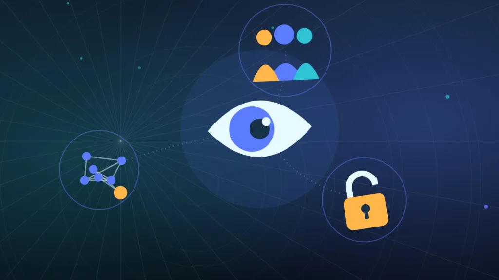 An eye between a group of people, linked nodes and an open padlock
