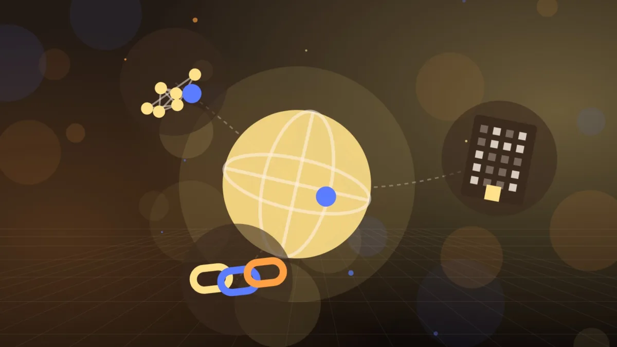 A pale globe linked to a cluster of nodes, an office building and chain links