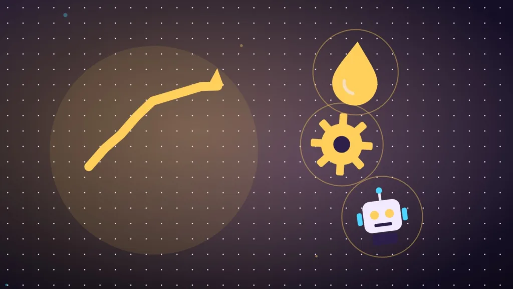 Rising line beside a liquidity drop, a turning gear and a small robot