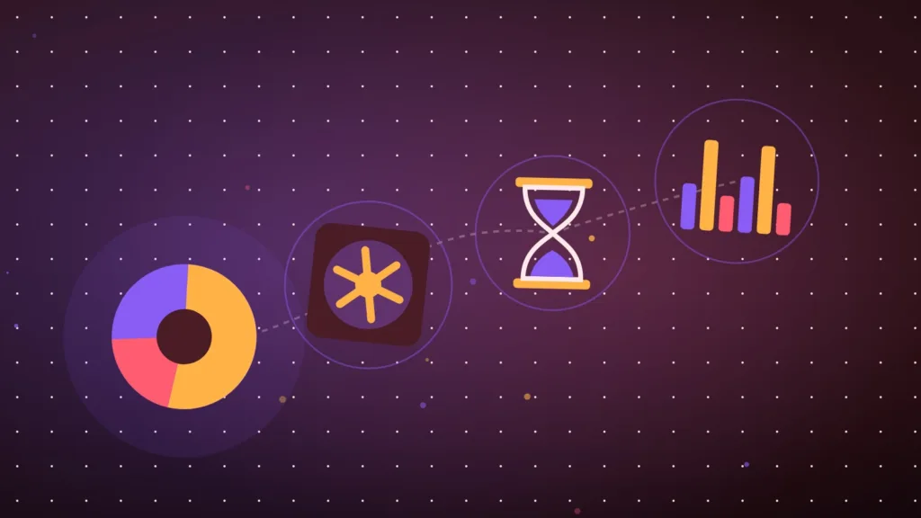 Pie chart next to a vault door, an hourglass and a bar chart