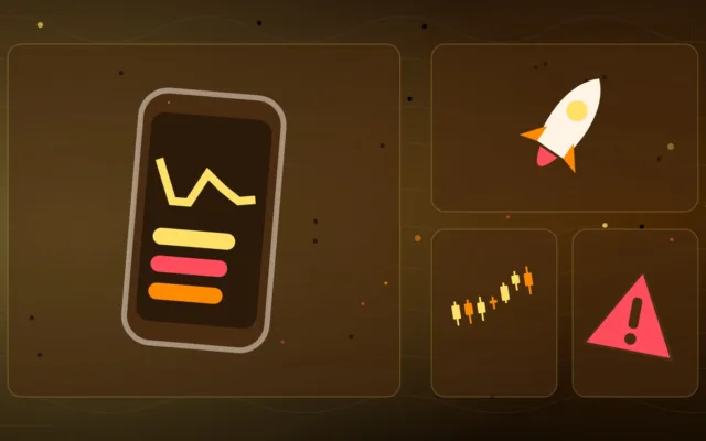 Smartphone con un razzo, candele di trading e un segnale di avvertimento su sfondo scuro