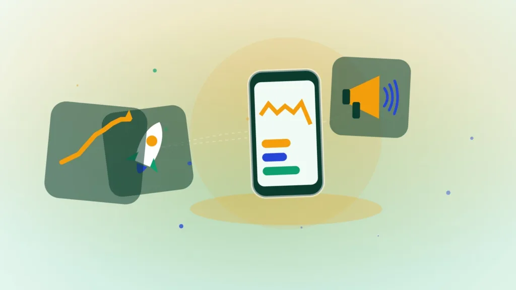 Abstract smartphone beside a rising line, a launching rocket and a megaphone