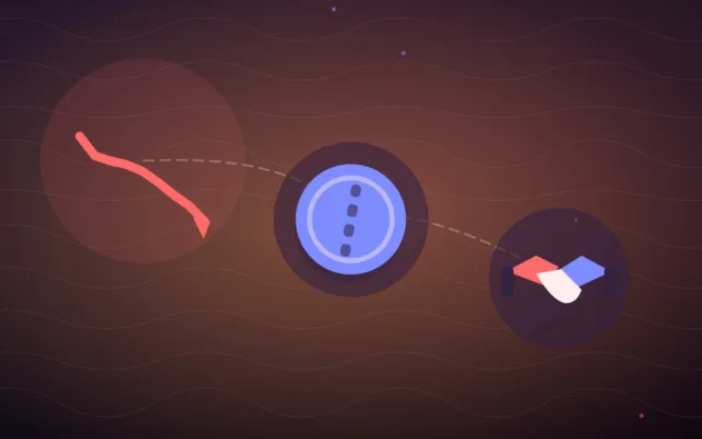 Abstract falling line over a single coin and a handshake on a dark ground