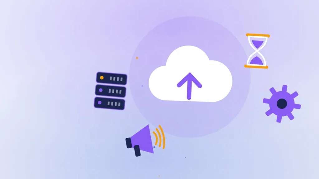 Abstract cloud above a server rack with a gear, hourglass and megaphone