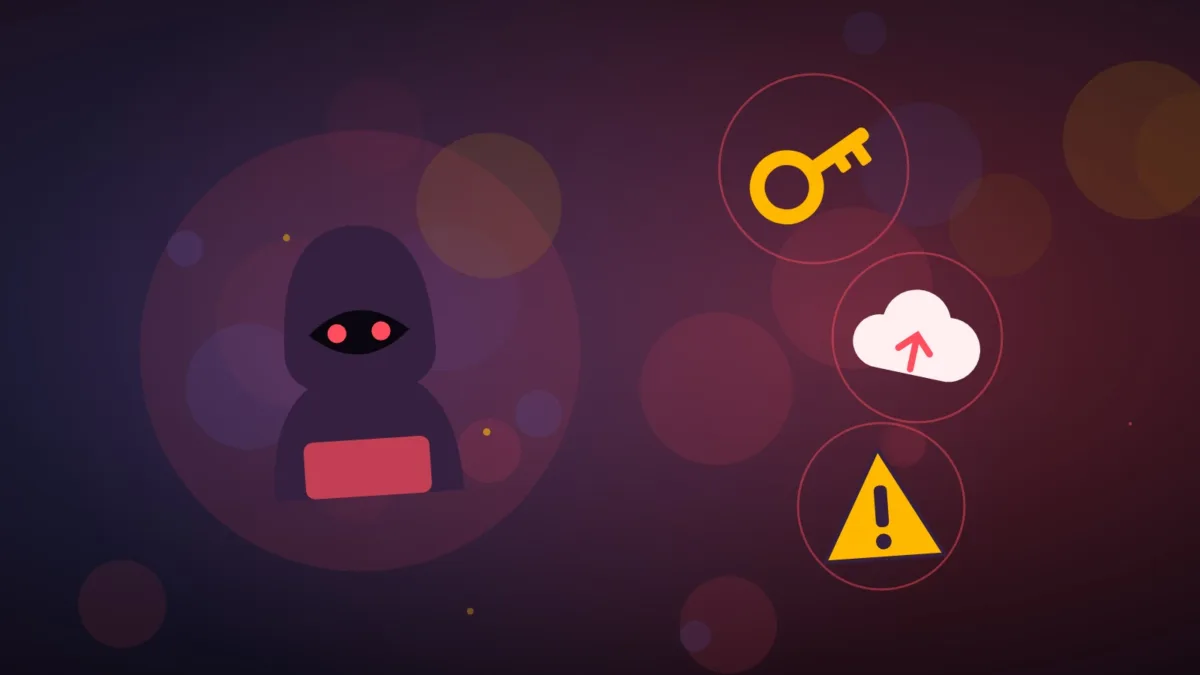 Abstract hooded hacker figure reaching for a glowing key above a cloud